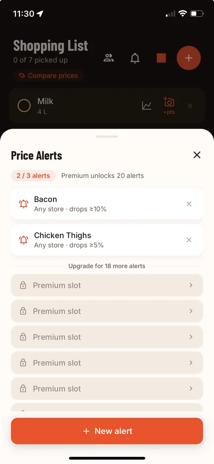 Price alerts screen with two active alerts
