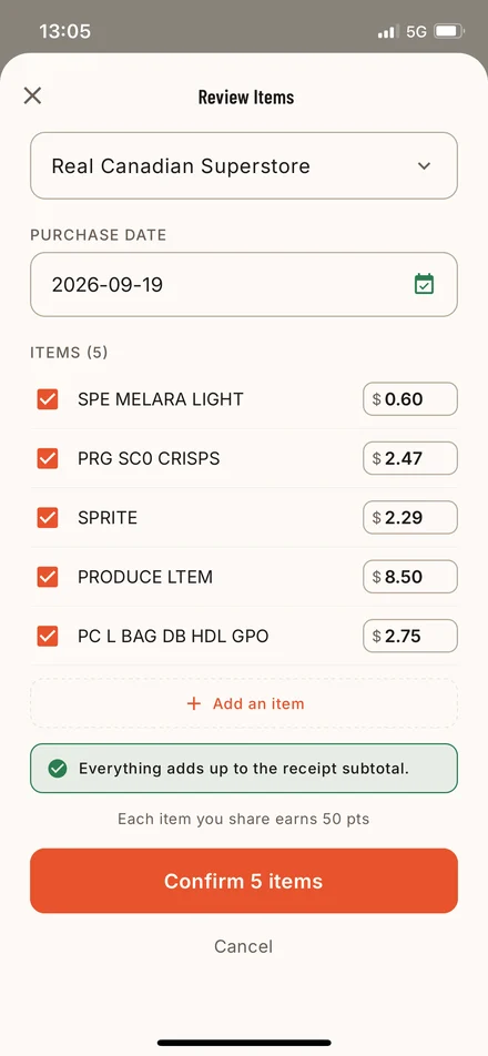 Receipt review screen with items read by the camera